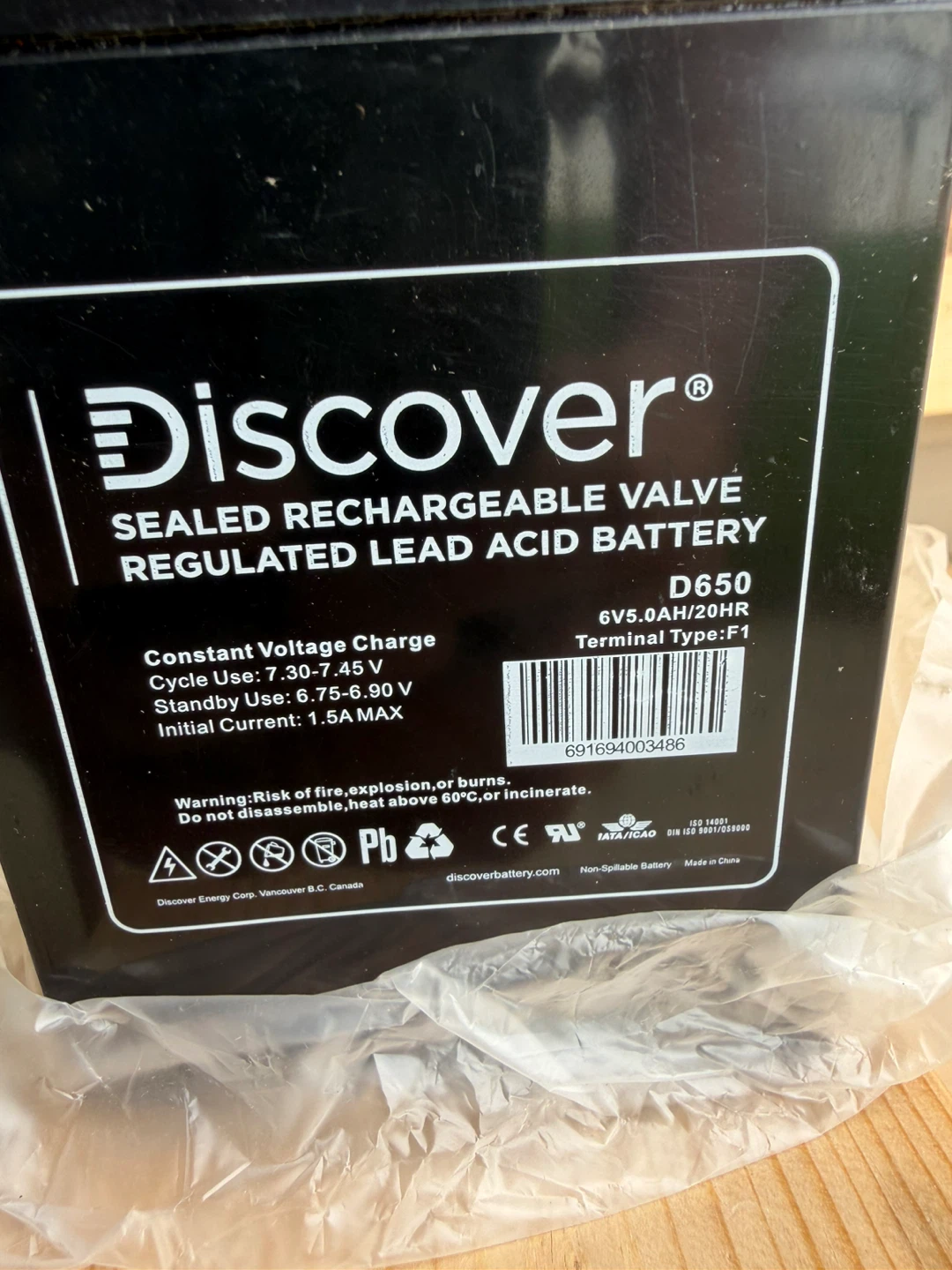 Discover D650 Sealed Rechargeable Lead Acid Battery 6V 5.0AH - photo 2