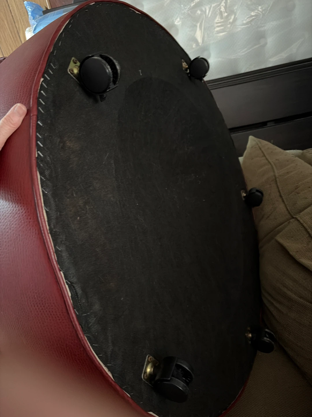 Red Tufted Round Ottoman with Wheels - photo 2