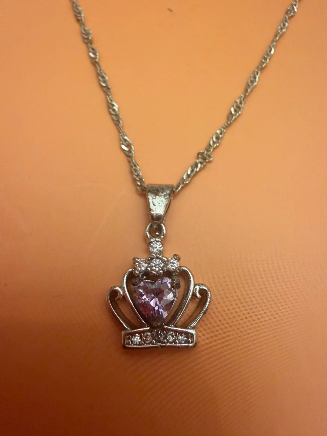 Crown Pendant Necklace with Pink Stone