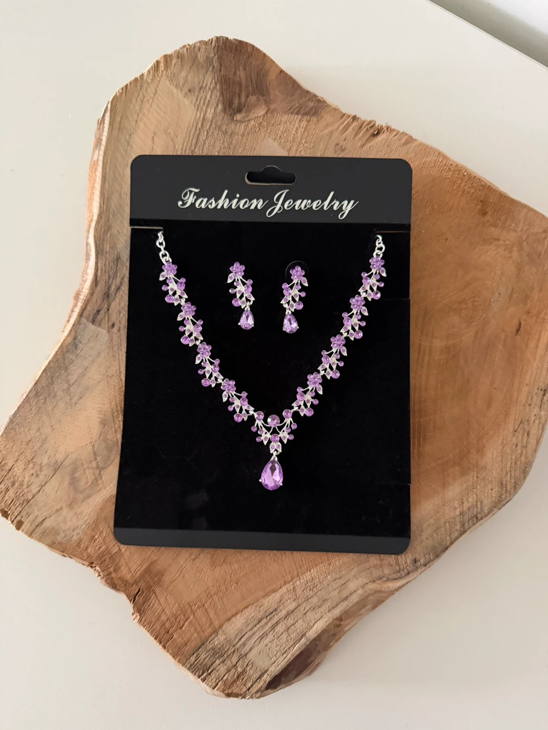 Purple Rhinestone Flower Necklace and Earrings Set