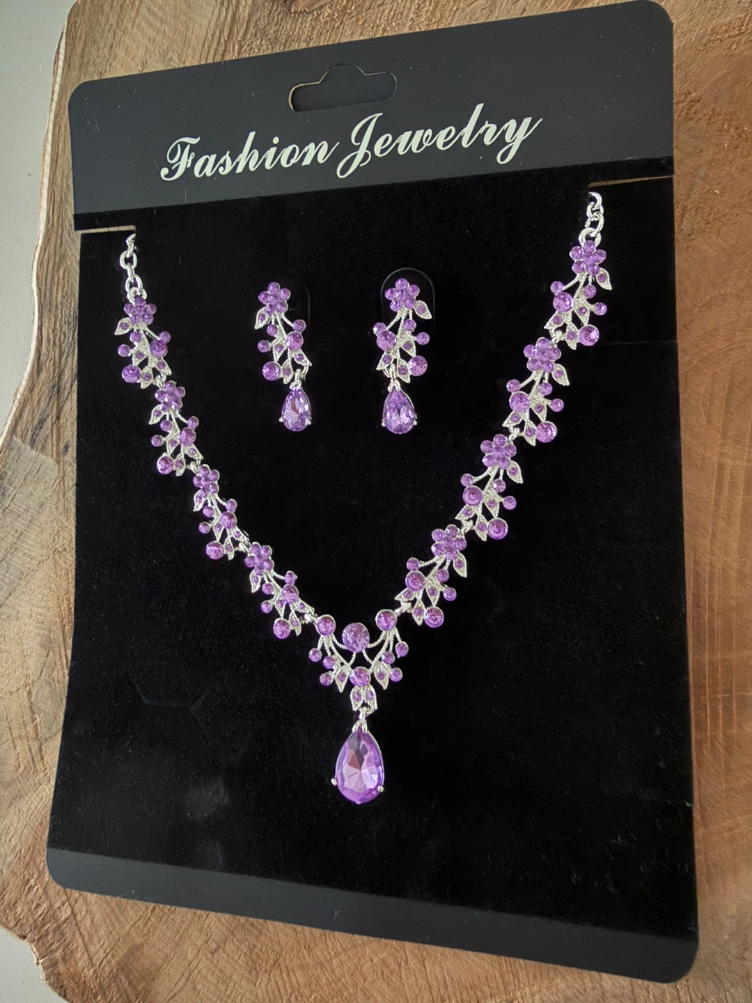 Purple Rhinestone Flower Necklace and Earrings Set - photo 4