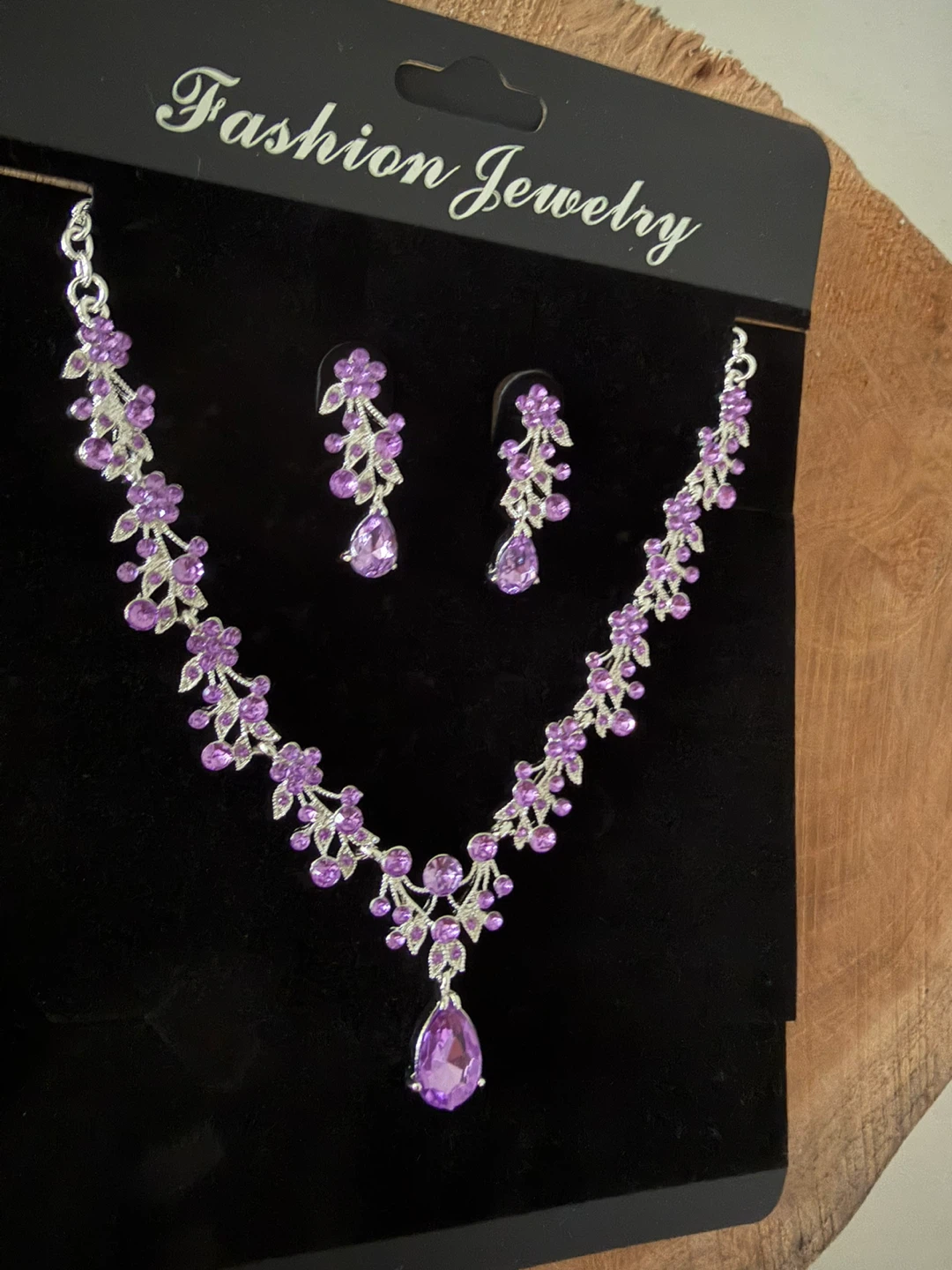 Purple Rhinestone Flower Necklace and Earrings Set - photo 5
