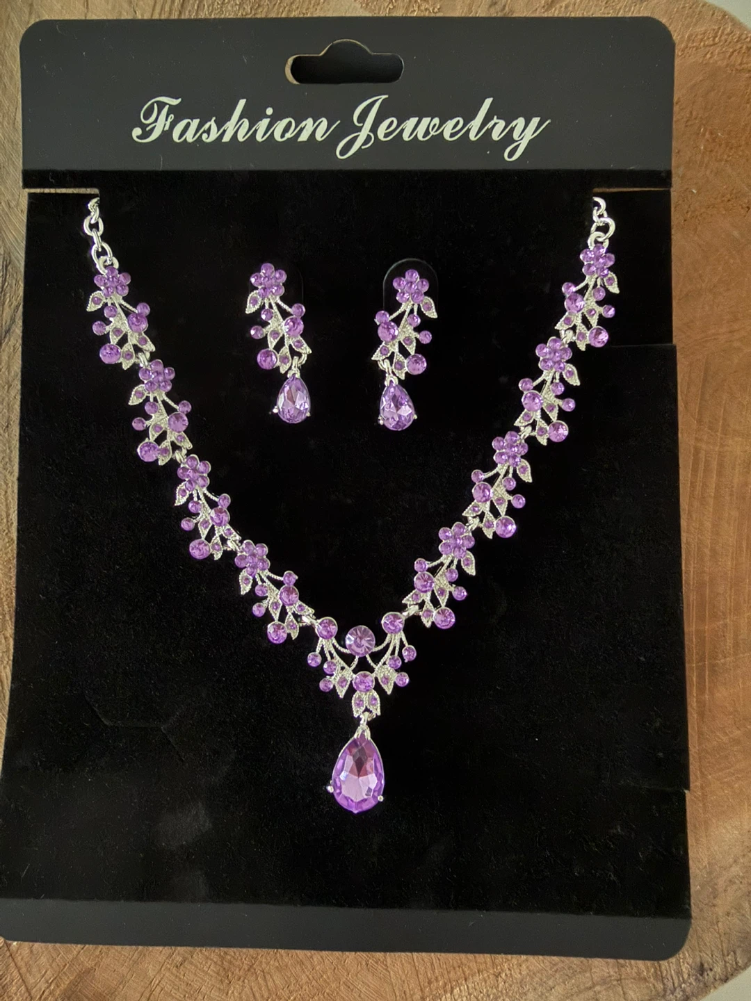 Purple Rhinestone Flower Necklace and Earrings Set - photo 3