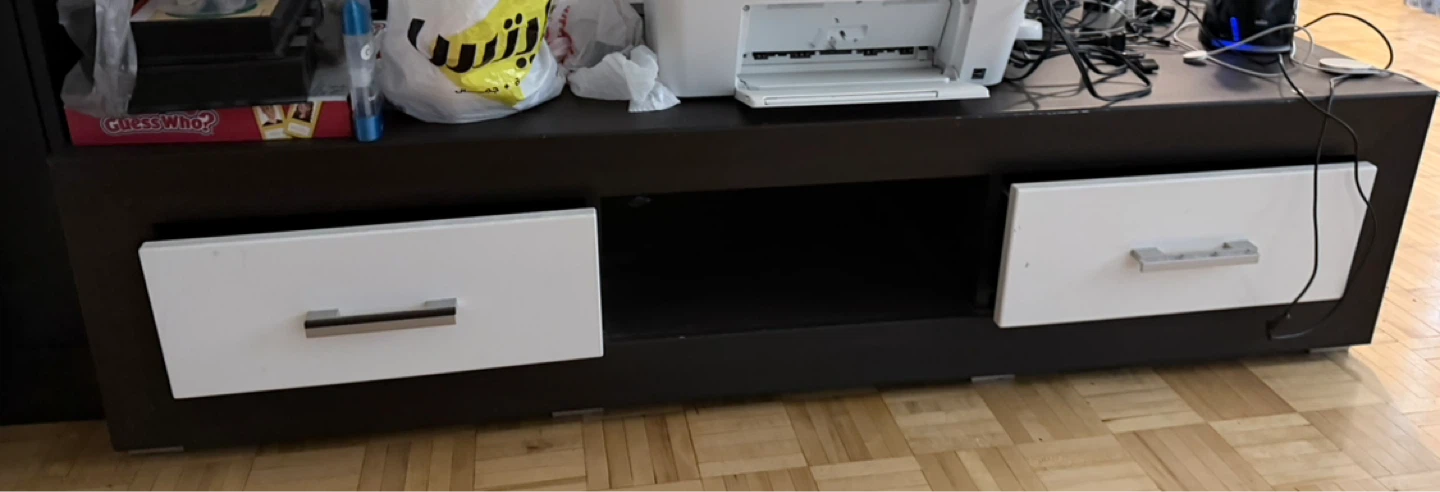 Dark Brown and White TV Stand with Drawers