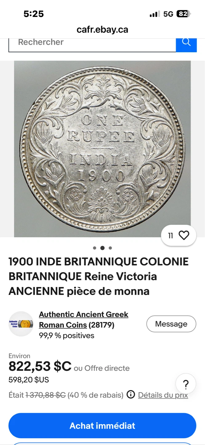 Silver 1892 British India One Rupee Coin - Victoria Empress - photo 2
