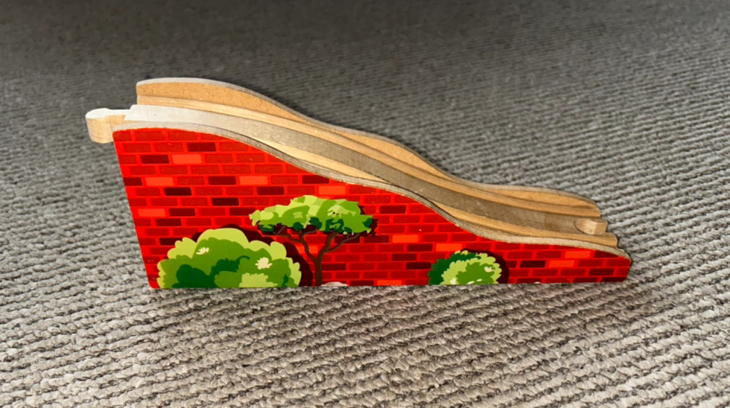 Wooden Train Track Ramp with Red Brick Design