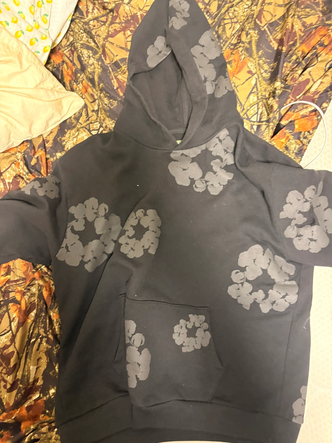 Black hoodie with grey floral print