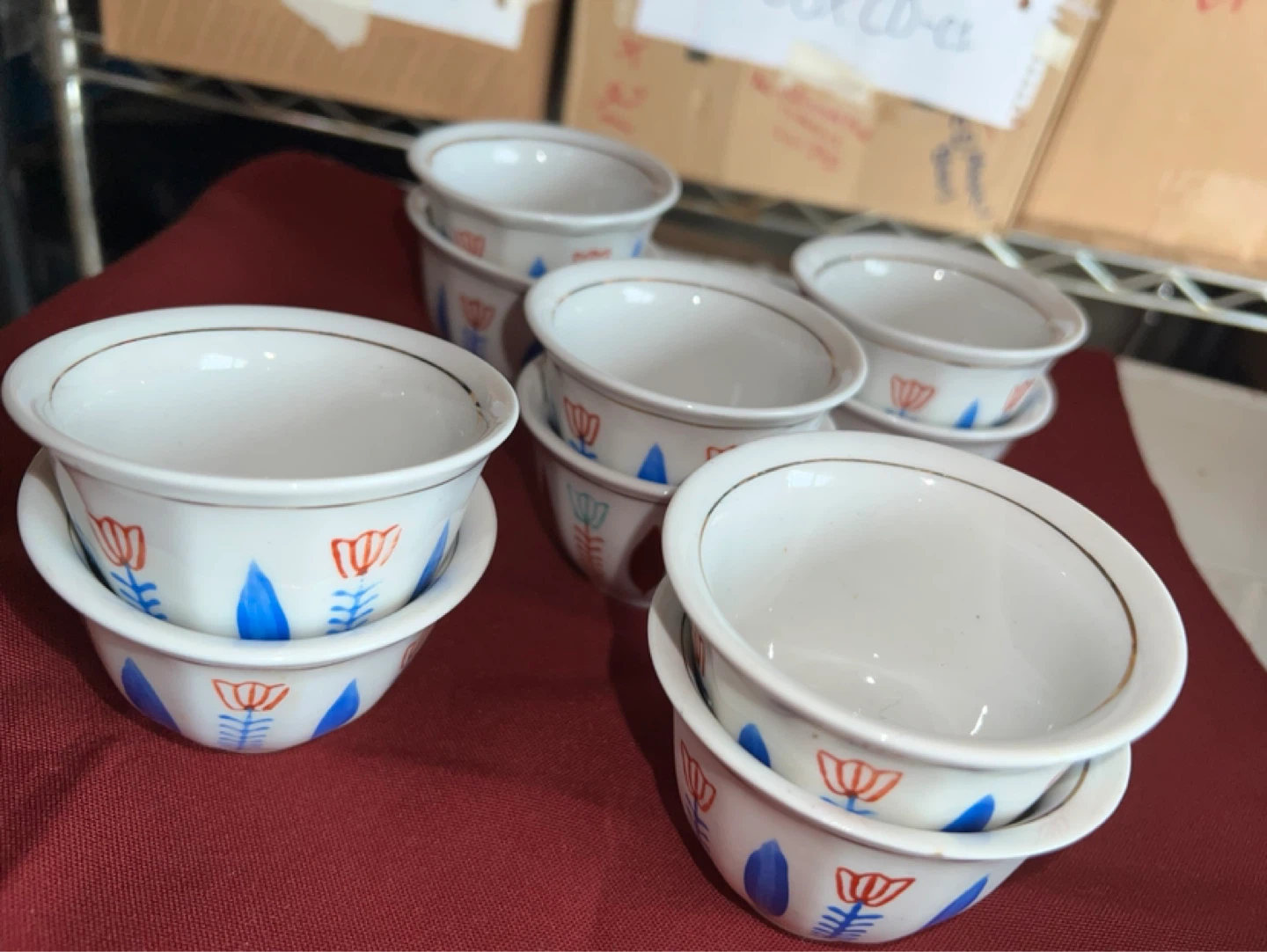 Set of 8 White Ceramic Demitasse Cups with Floral Design