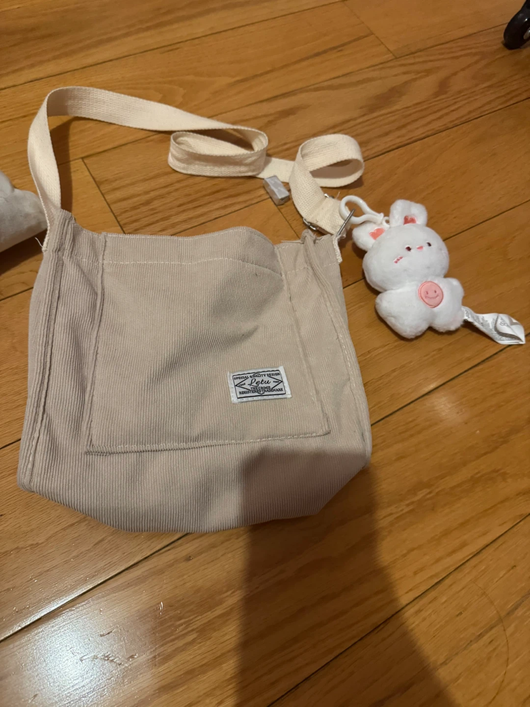 Beige Corduroy Crossbody Bag with Bunny Charm