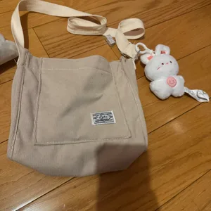 Beige Corduroy Crossbody Bag with Bunny Charm