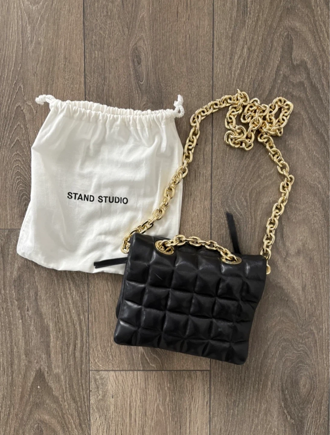 Stand Studio Black Quilted Leather Shoulder Bag with Gold Chain