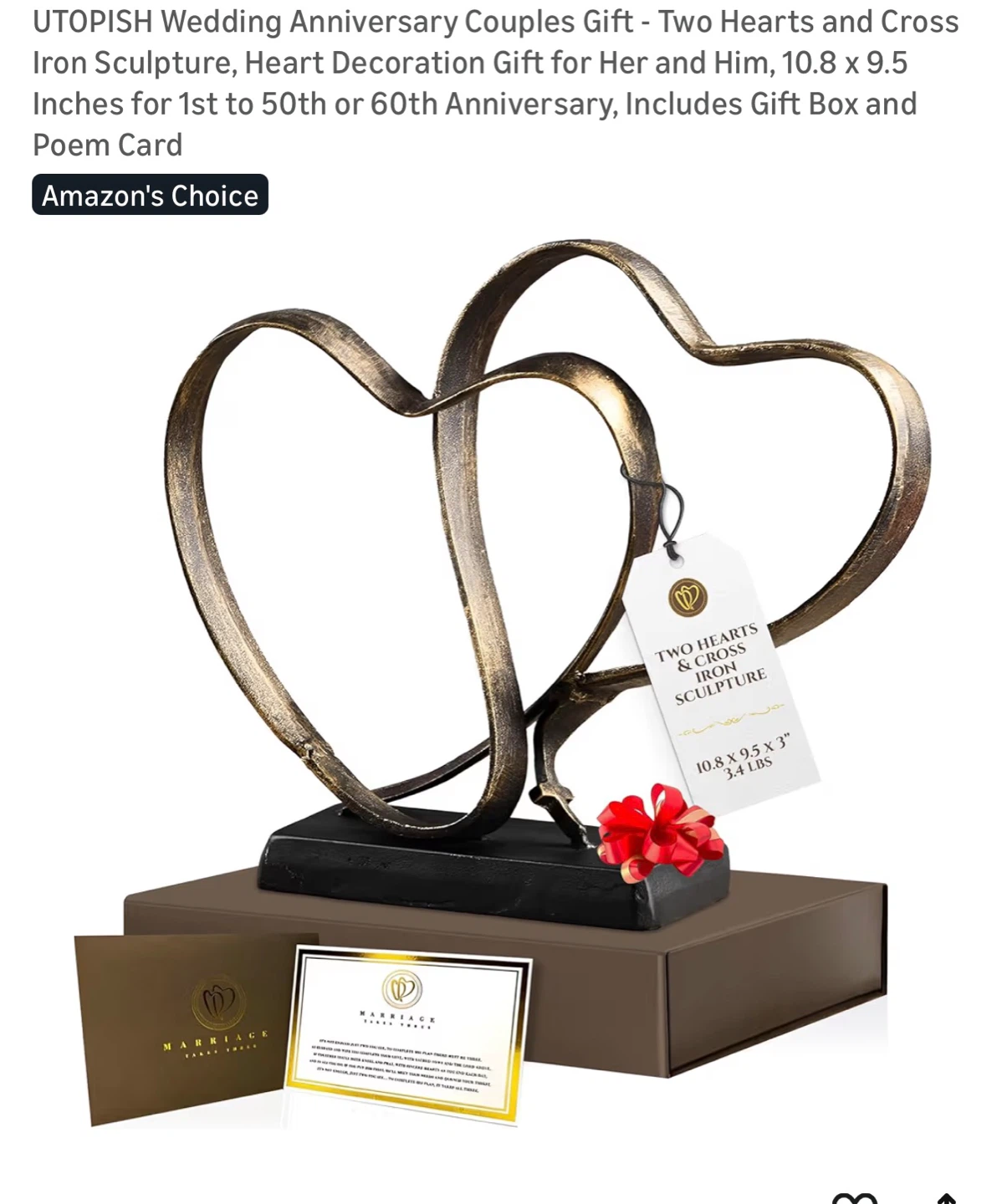 UTOPIH Two Hearts Cross Iron Sculpture Anniversary Gift
