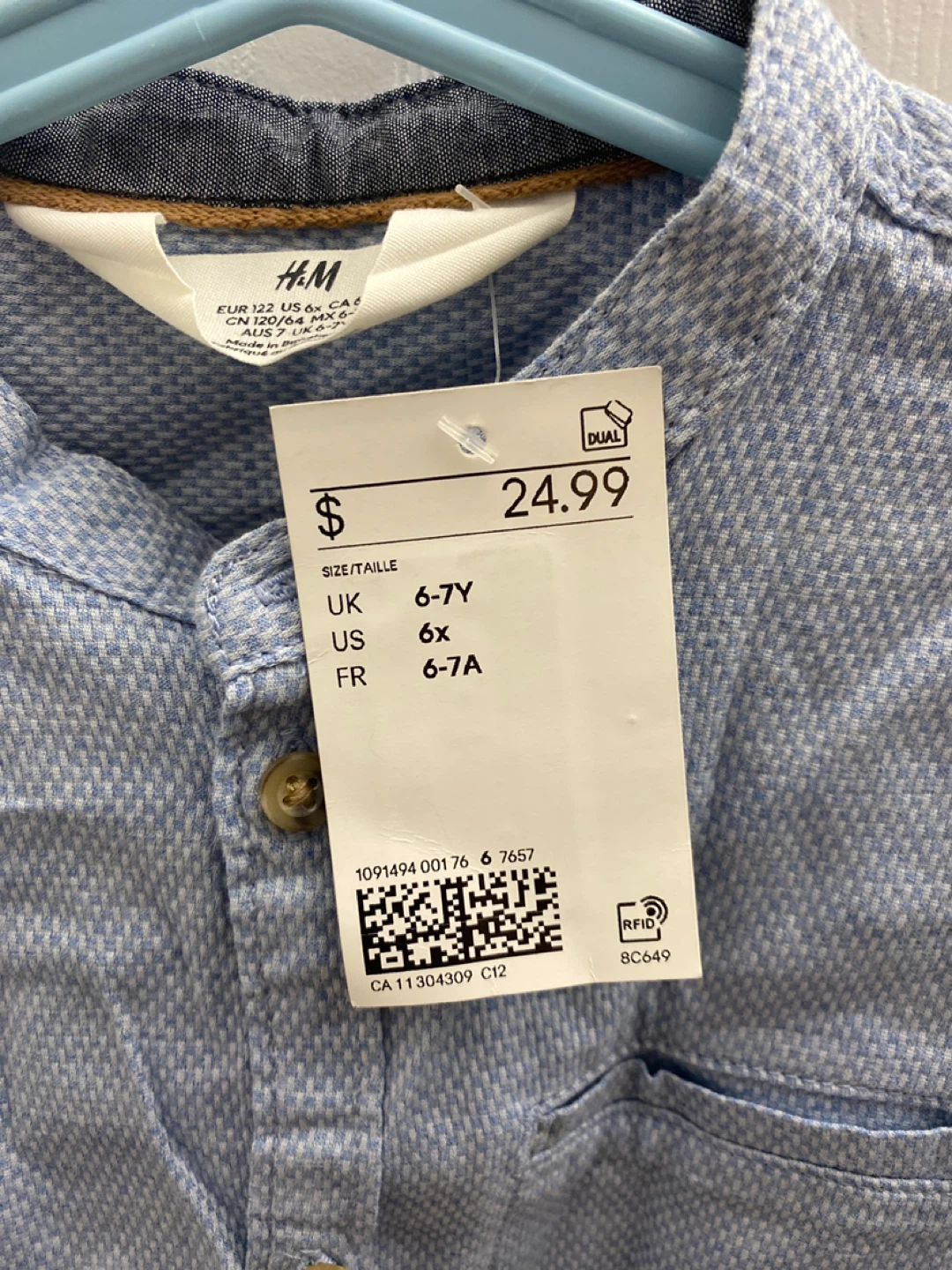H&M Light Blue Textured Band Collar Shirt - Size 6-7Y - photo 2