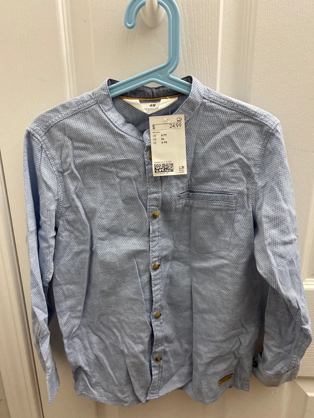 H&M Light Blue Textured Band Collar Shirt - Size 6-7Y