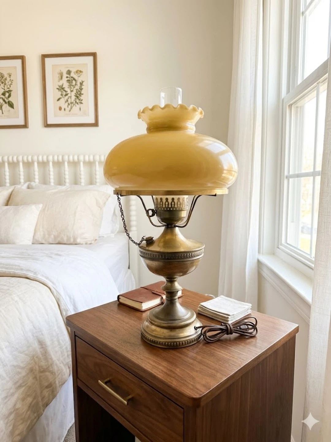 Vintage Brass and Yellow Glass Oil Lamp