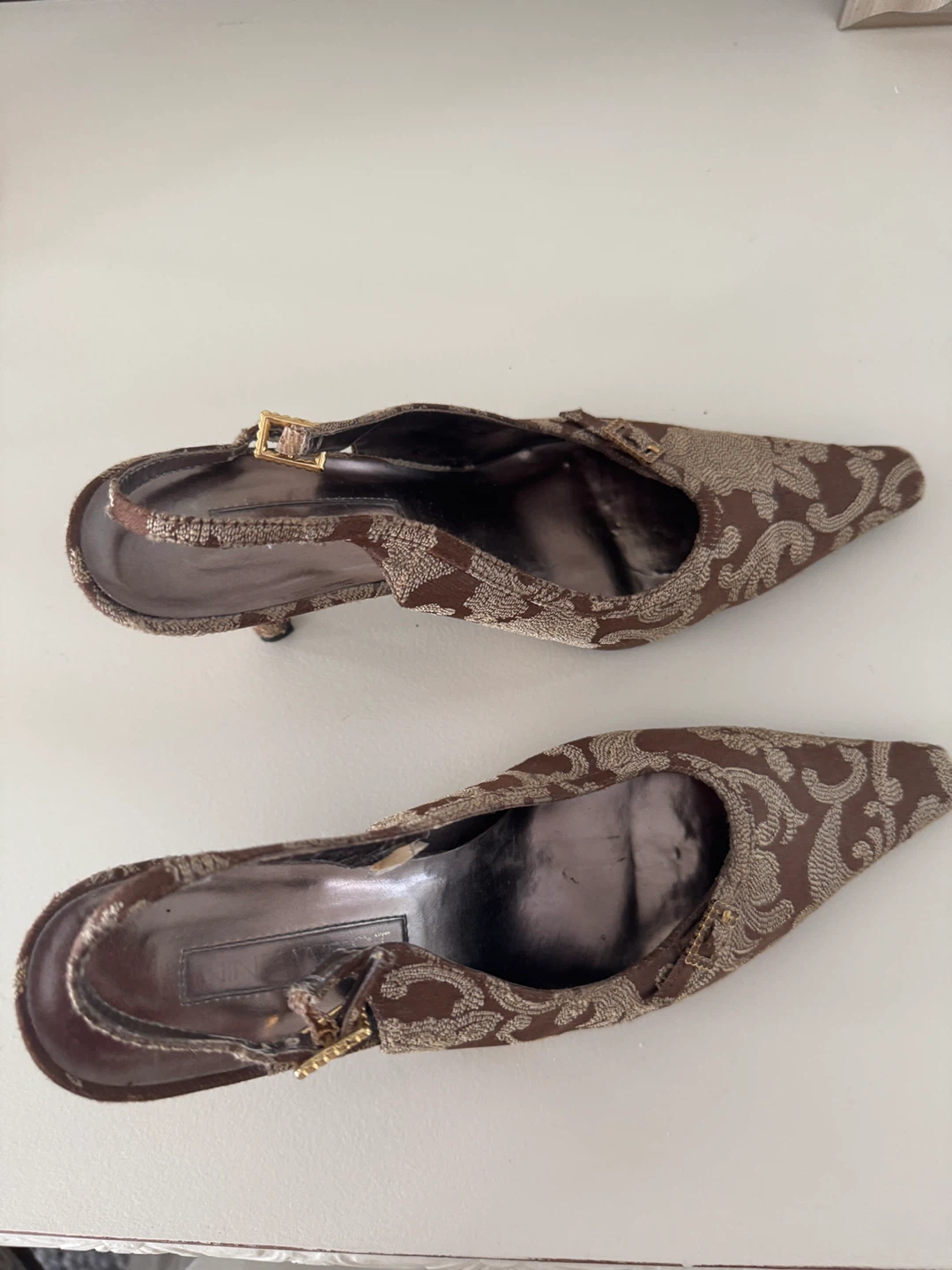 Brown patterned slingback heels