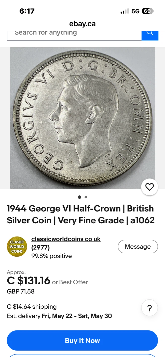 1941 George VI British Silver Half-Crown Coin - photo 3