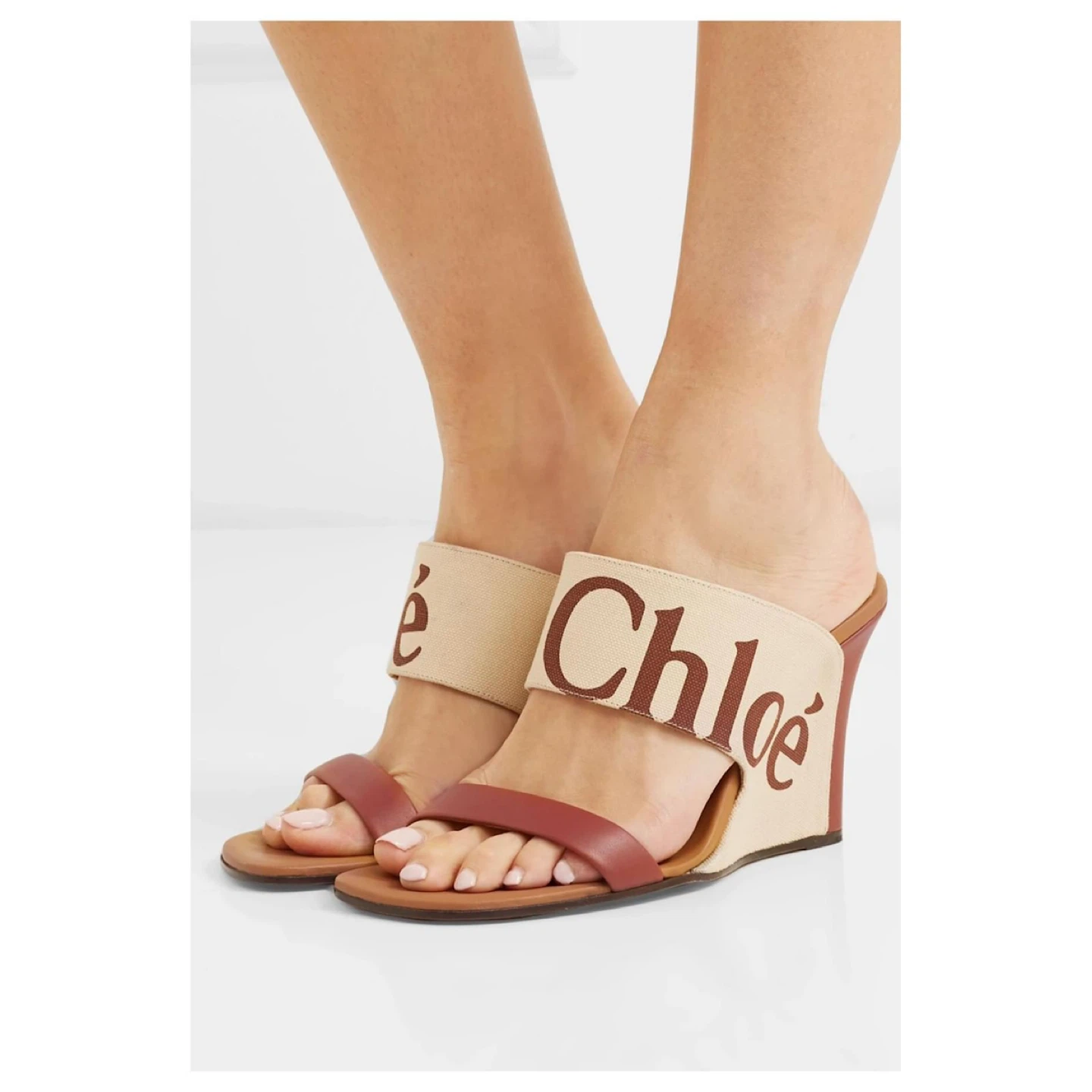Chloe Wedge Mules - Tan/Brown Canvas & Leather