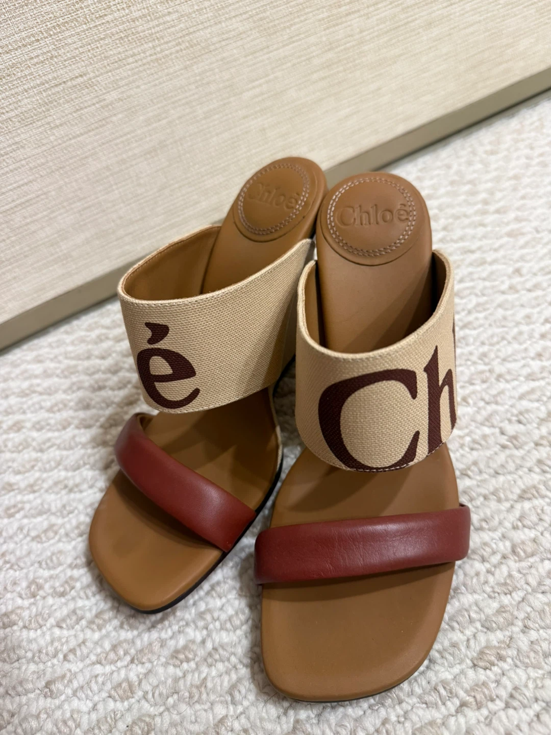 Chloe Wedge Mules - Tan/Brown Canvas & Leather - photo 4