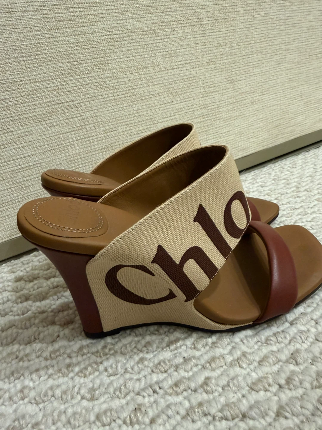 Chloe Wedge Mules - Tan/Brown Canvas & Leather - photo 2