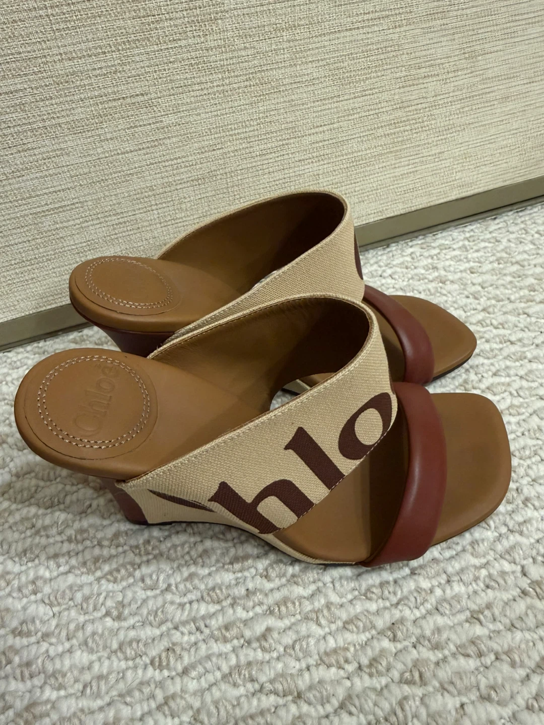Chloe Wedge Mules - Tan/Brown Canvas & Leather - photo 3