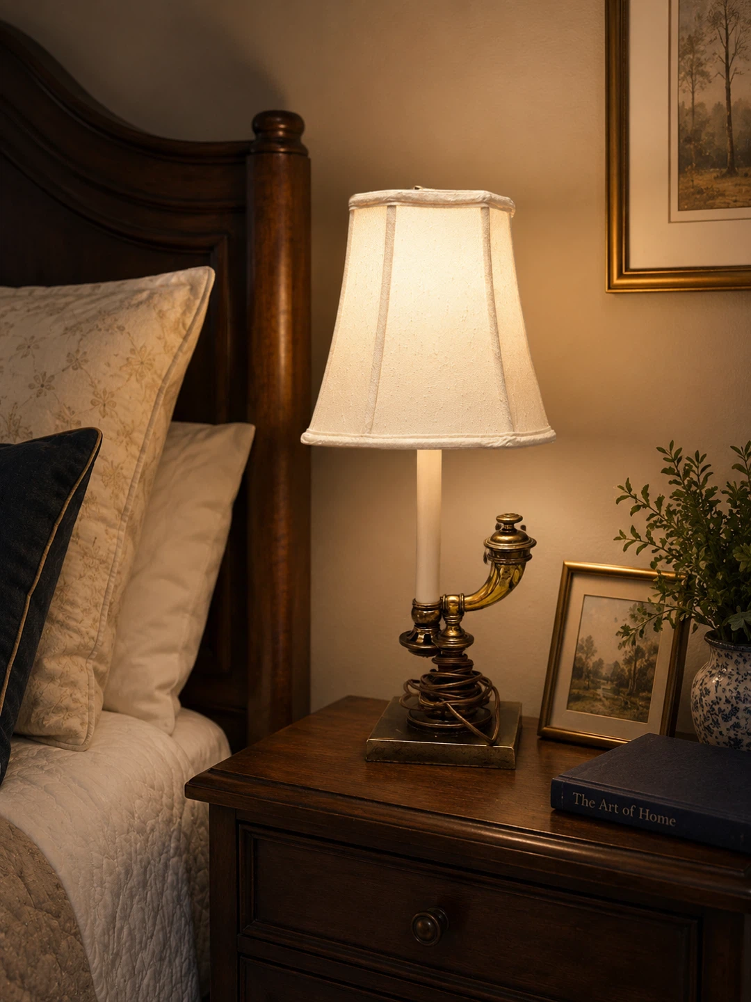 Vintage Brass Horn Style Desk Lamp with Cream Shade