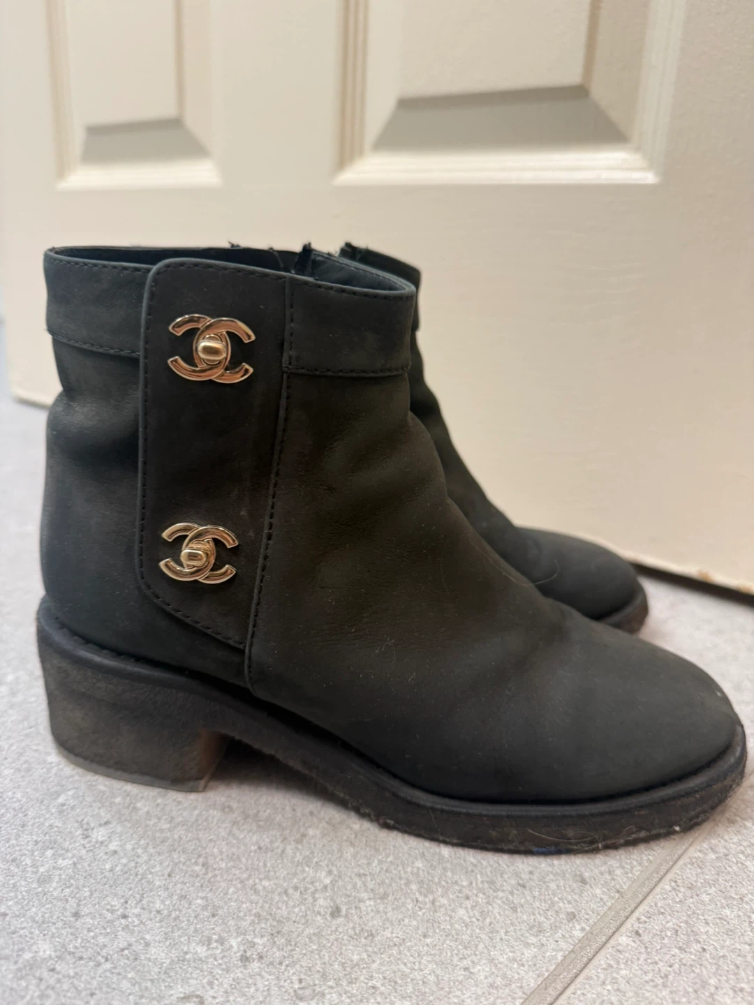 Authentic Chanel Black Suede Leather Ankle Boots
