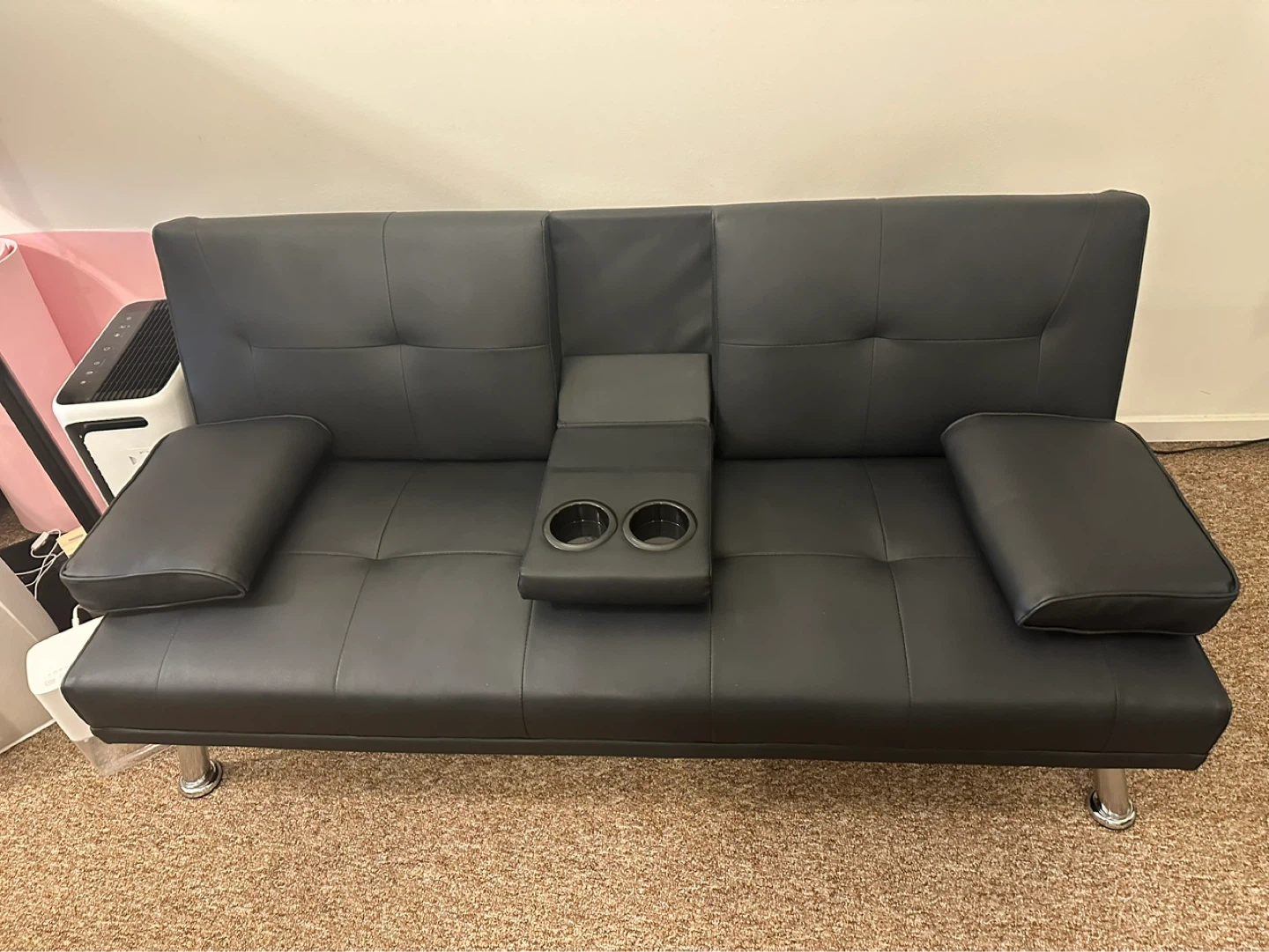 Black Faux Leather Futon Sofa Bed with Cup Holders