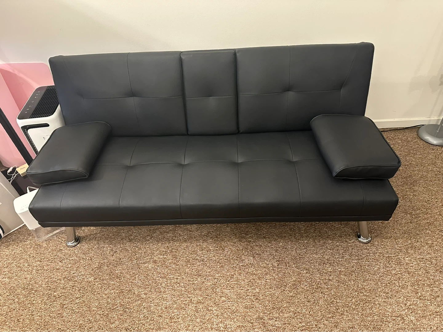 Black Faux Leather Futon Sofa Bed with Cup Holders - photo 2