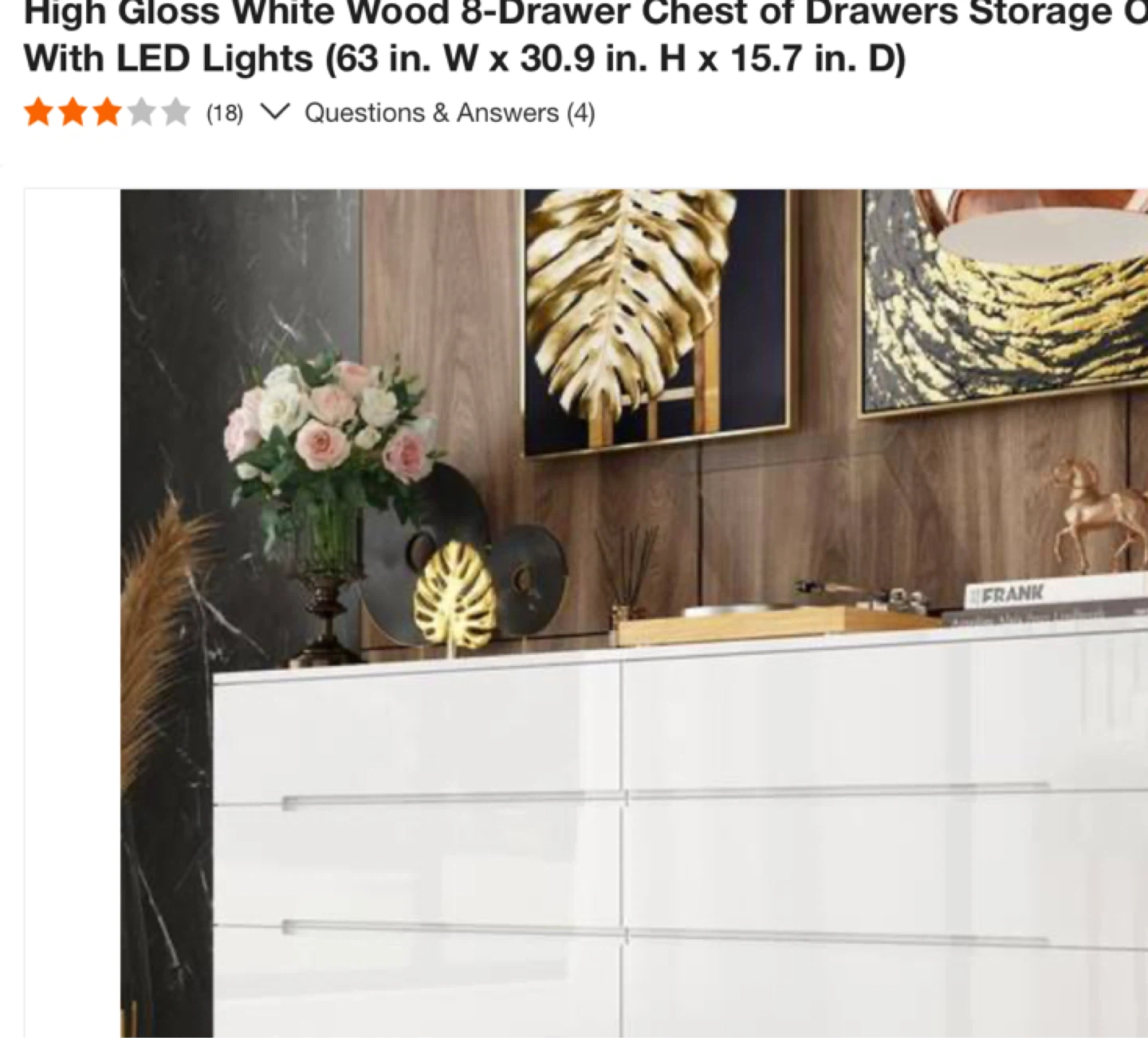High Gloss White Wood 8-Drawer Chest with LED Lights