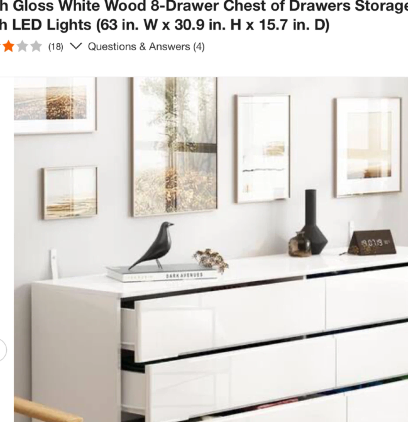 High Gloss White Wood 8-Drawer Chest with LED Lights - photo 2