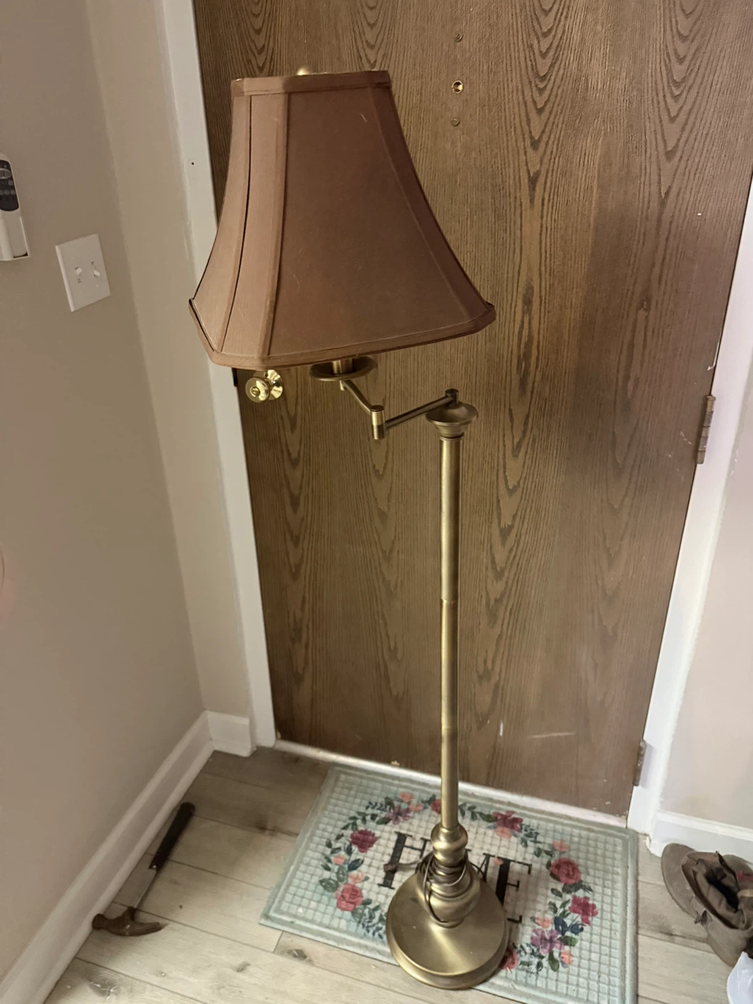 Vintage Brass Adjustable Arm Floor Lamp with Brown Shade - photo 2