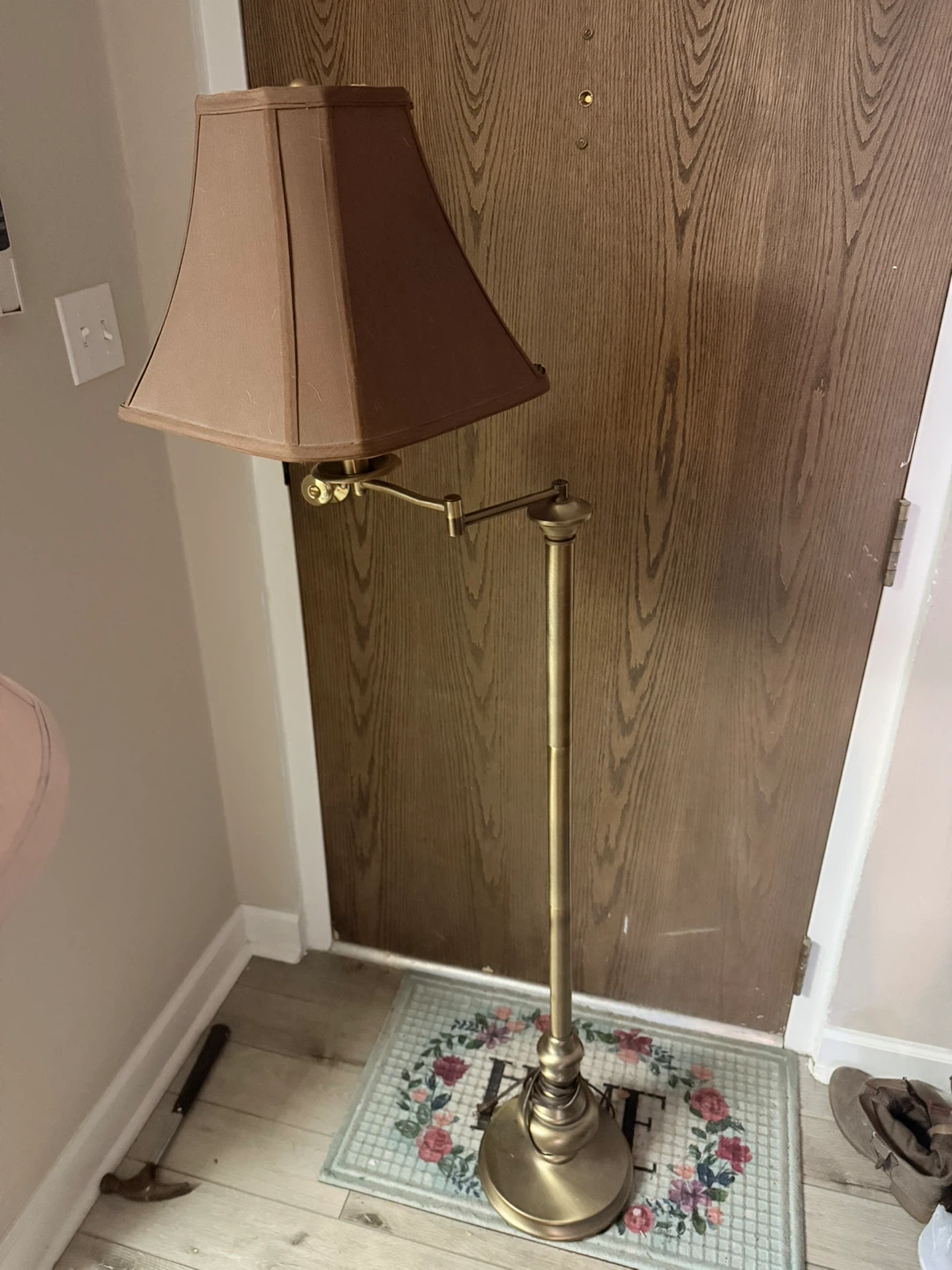 Vintage Brass Adjustable Arm Floor Lamp with Brown Shade - photo 3