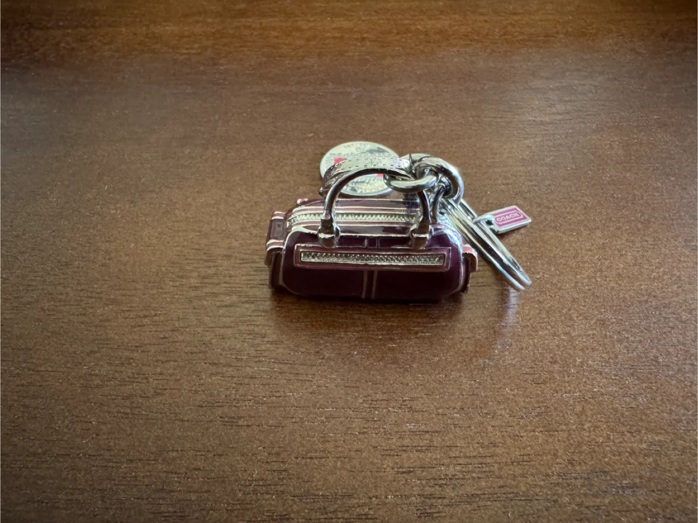 Vintage Burgundy/Silver Enamel Coach Satchel Bag Charm Keychain - photo 3