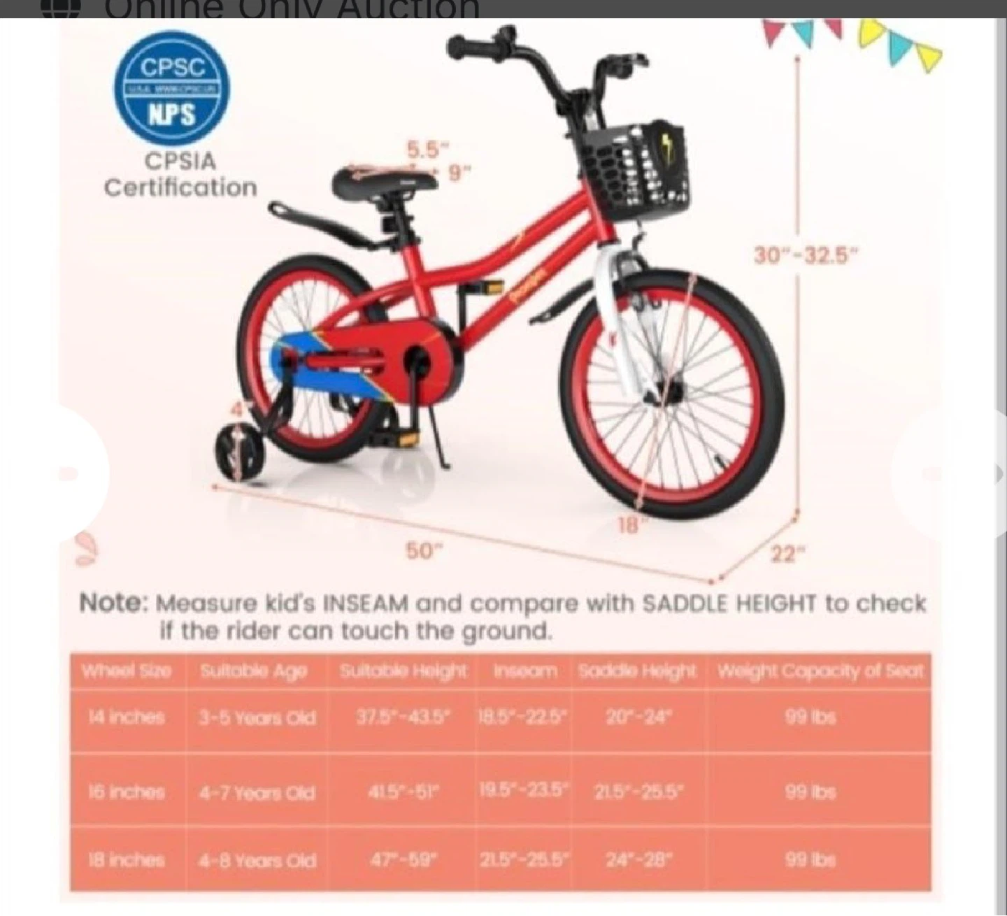 Red Kids Bicycle with Training Wheels and Basket - photo 2
