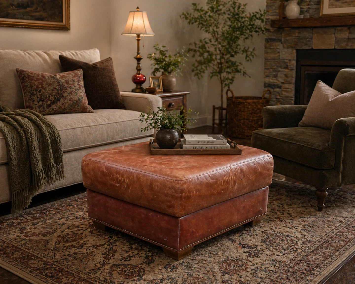 VTG Brown Leather Tufted Storage Ottoman