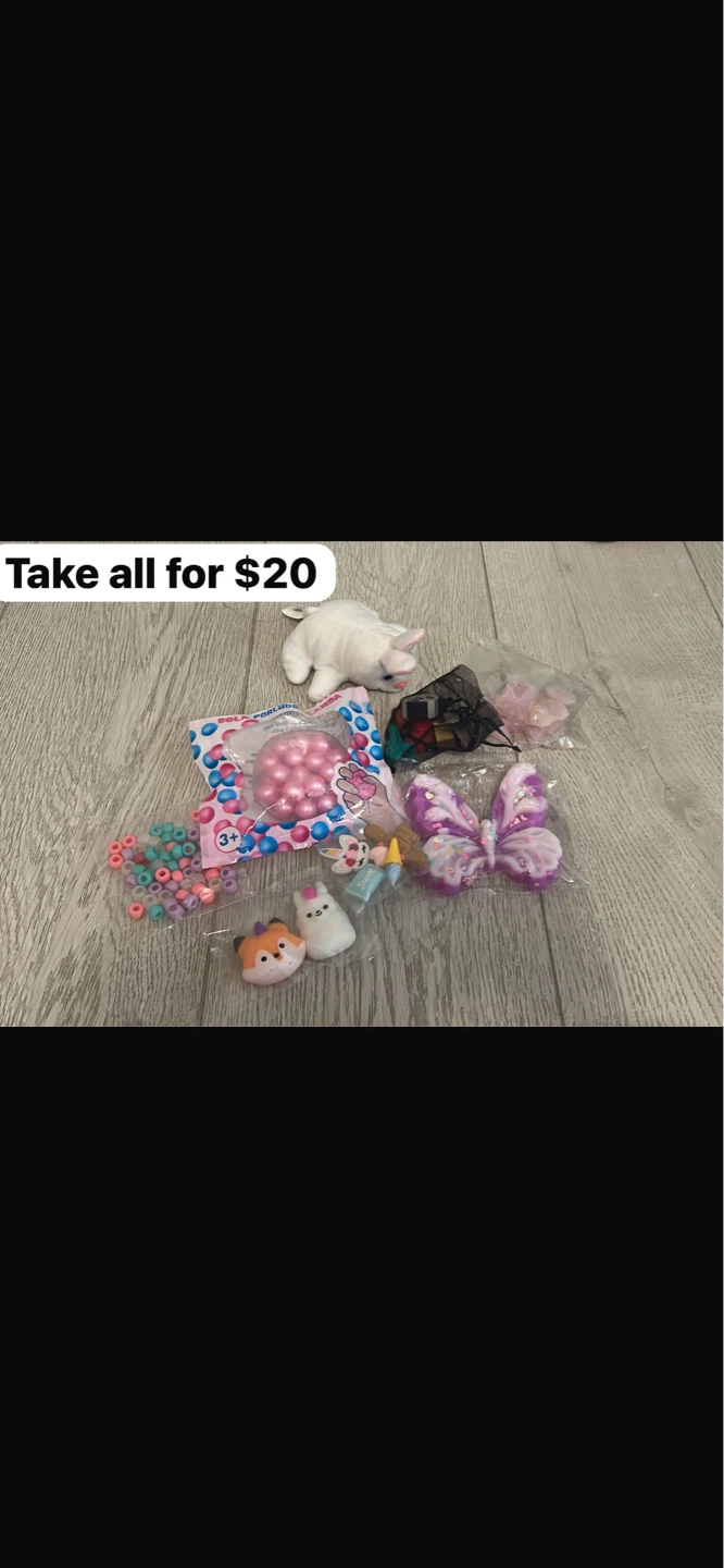 Variety pack of squishy toys, charms, and erasers