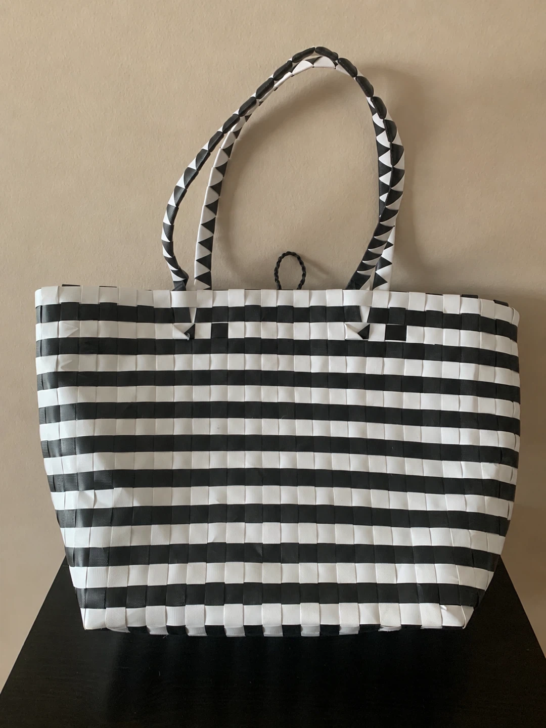 Black and White Striped Woven Tote Bag - photo 2