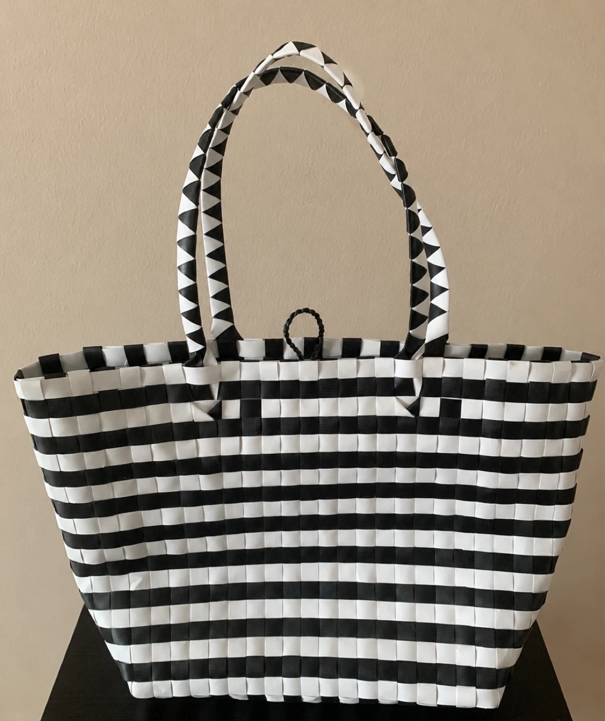 Black and White Striped Woven Tote Bag