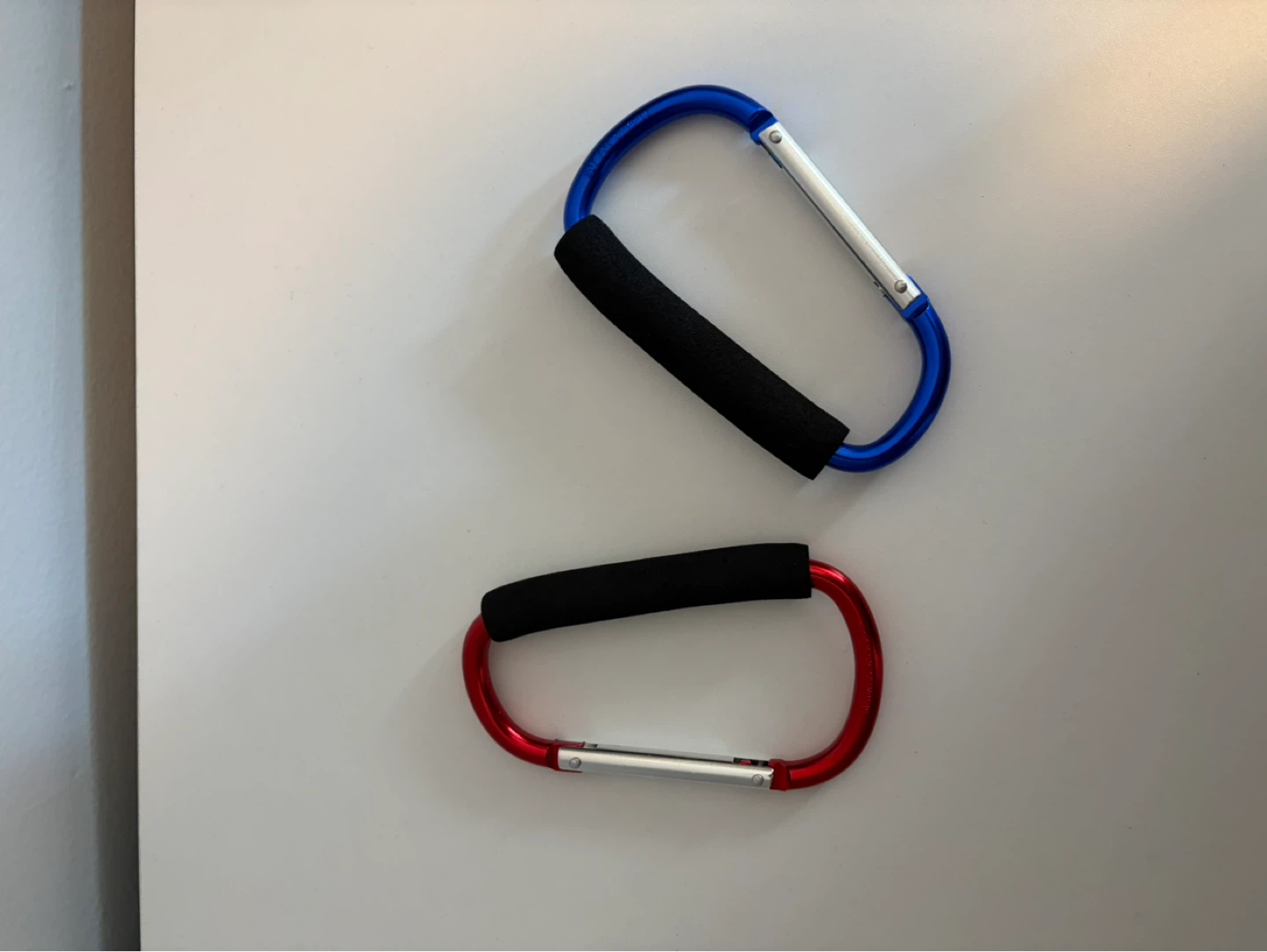 2 Carabiner Clips with Foam Grips (Blue and Red)