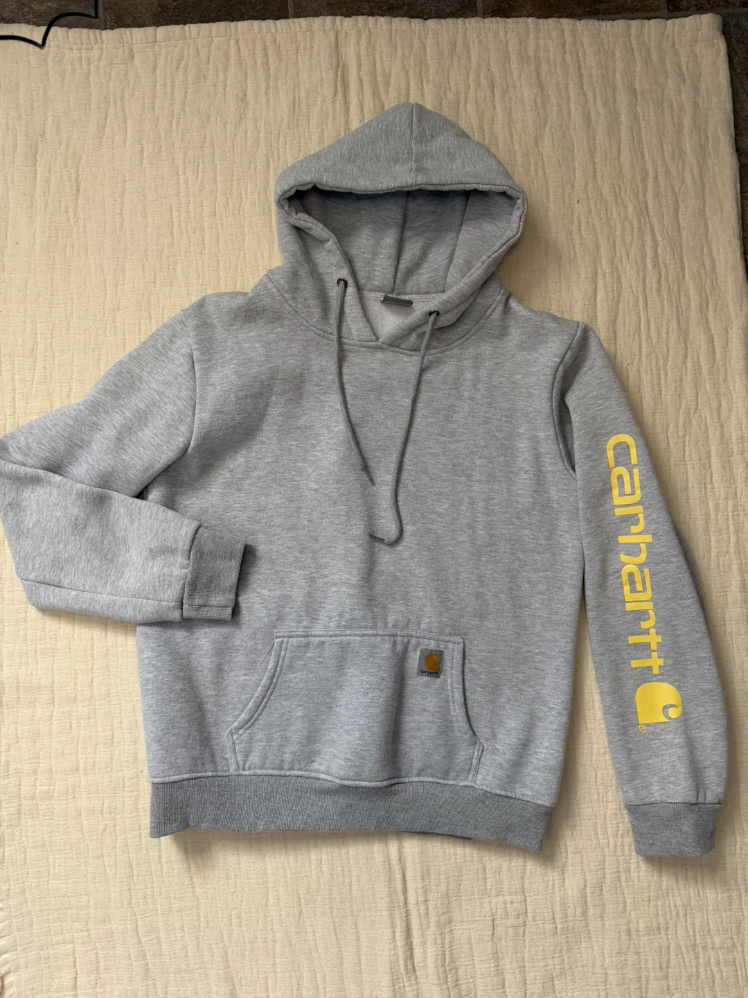 Carhartt Grey Hoodie with Yellow Sleeve Logo