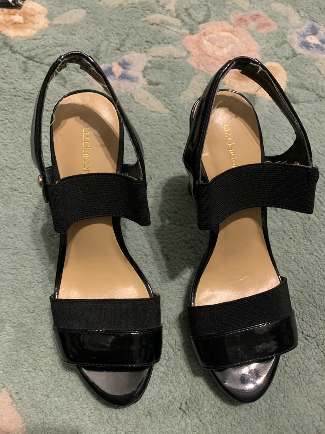 Size 5.5 - Liz Claiborne Black Patent Block Heel Sandals