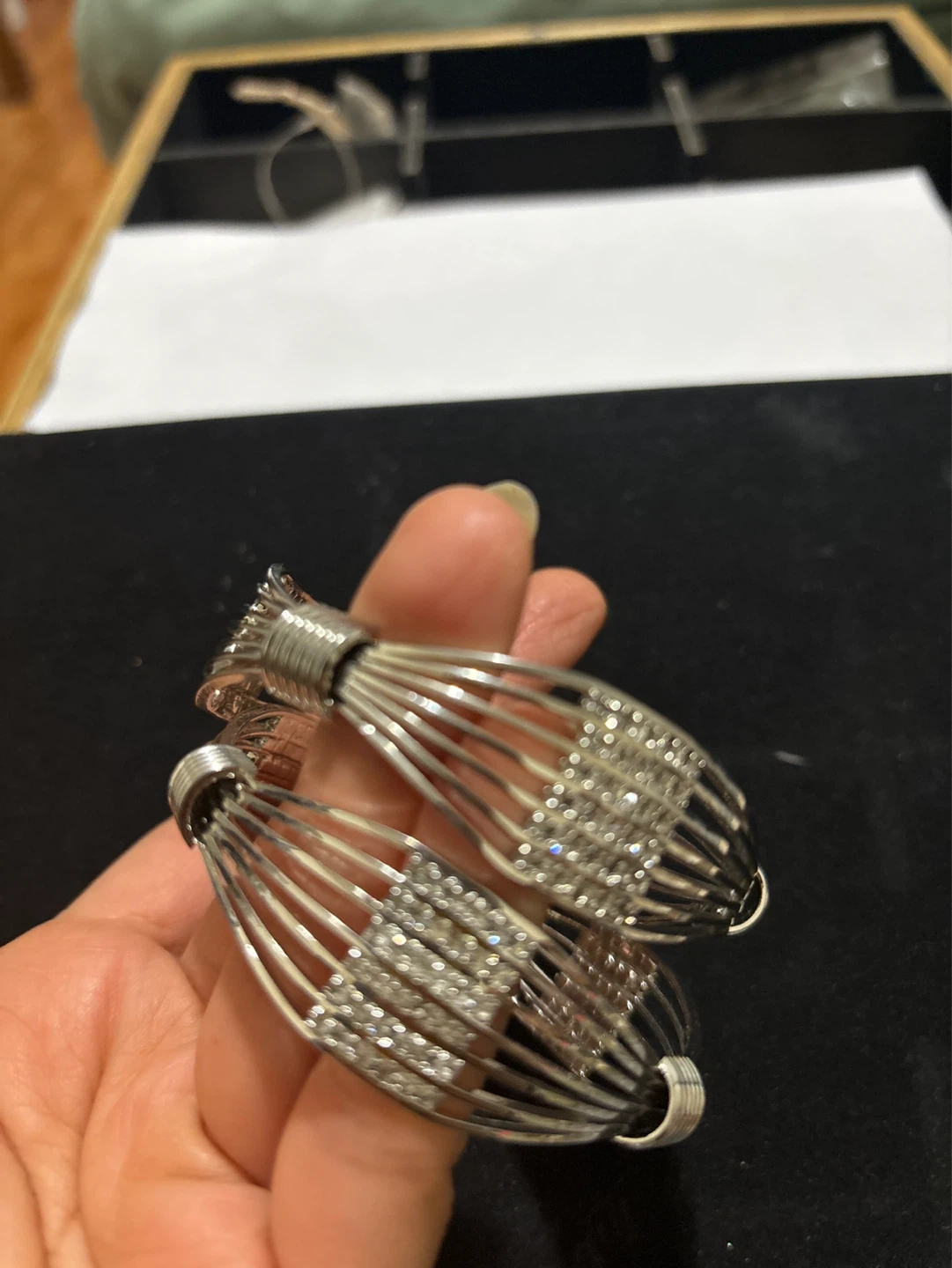 Silver Tone Wire Bangle Bracelets with Rhinestones - Set of 2