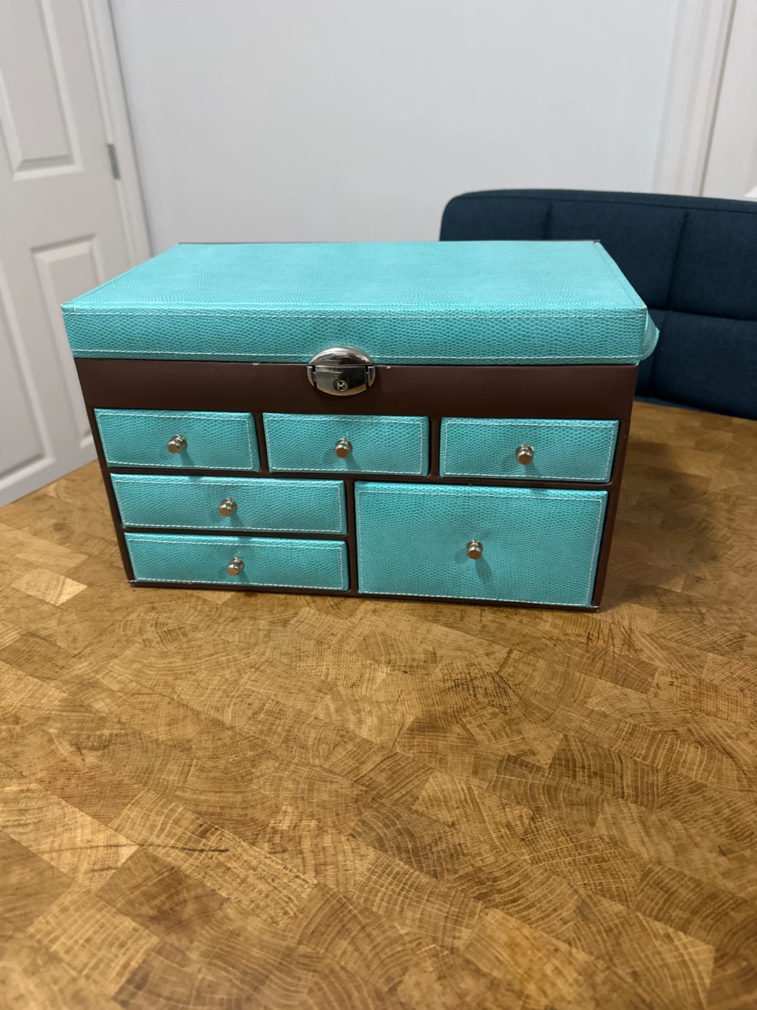 Turquoise and Brown Jewelry Box with Mirror and Key