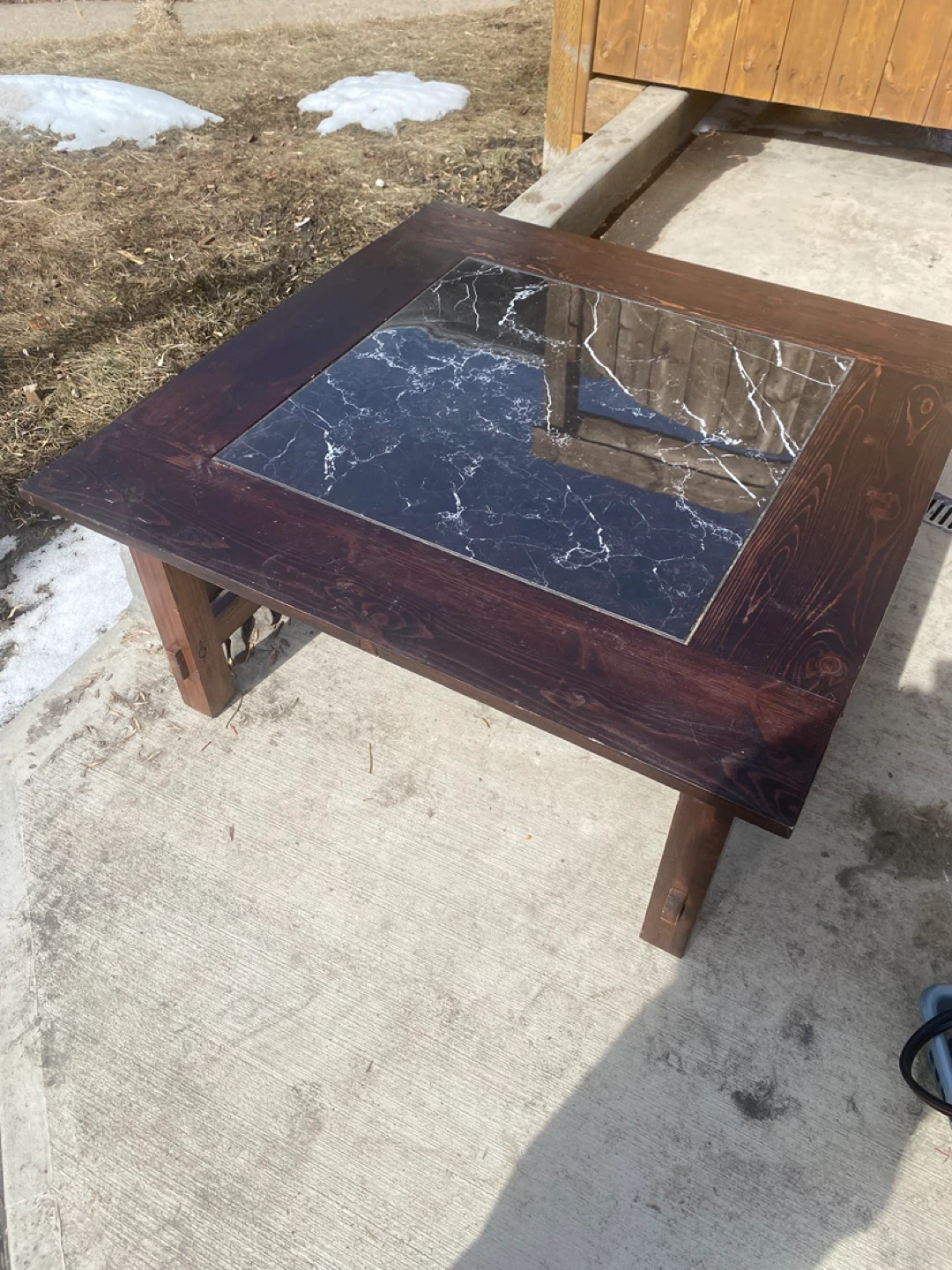 Dark Wood Coffee Table with real  Marble Inlay