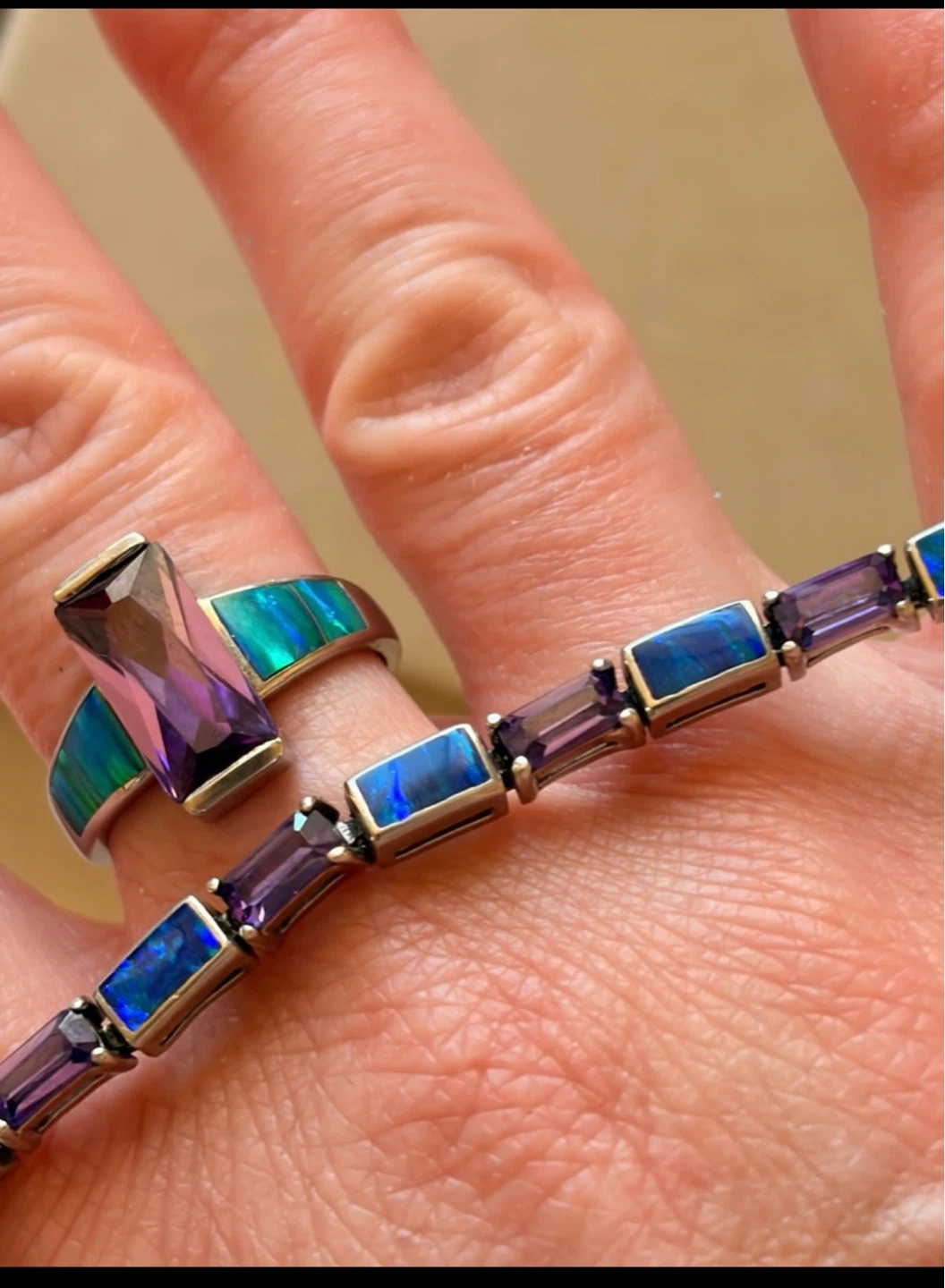 Sterling Silver Amethyst & Opal Ring & Bracelet
