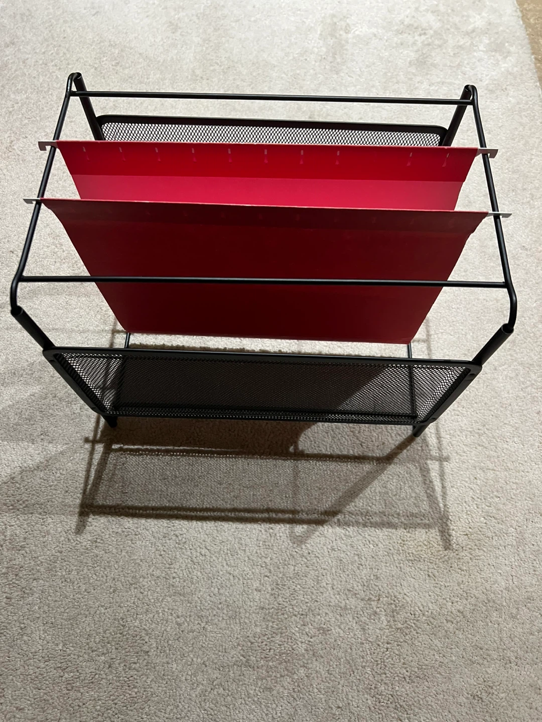 3-Tier Black Metal Mesh File Sorter with Red Hanging Folders