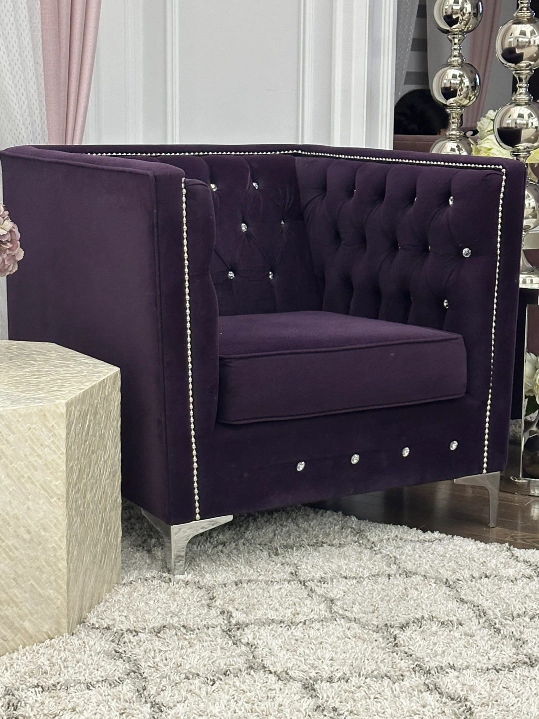 Purple Velvet Accent Chair with Crystal Tufting