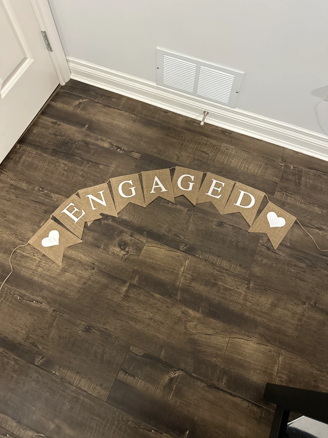 Burlap "Engaged" Banner with Hearts