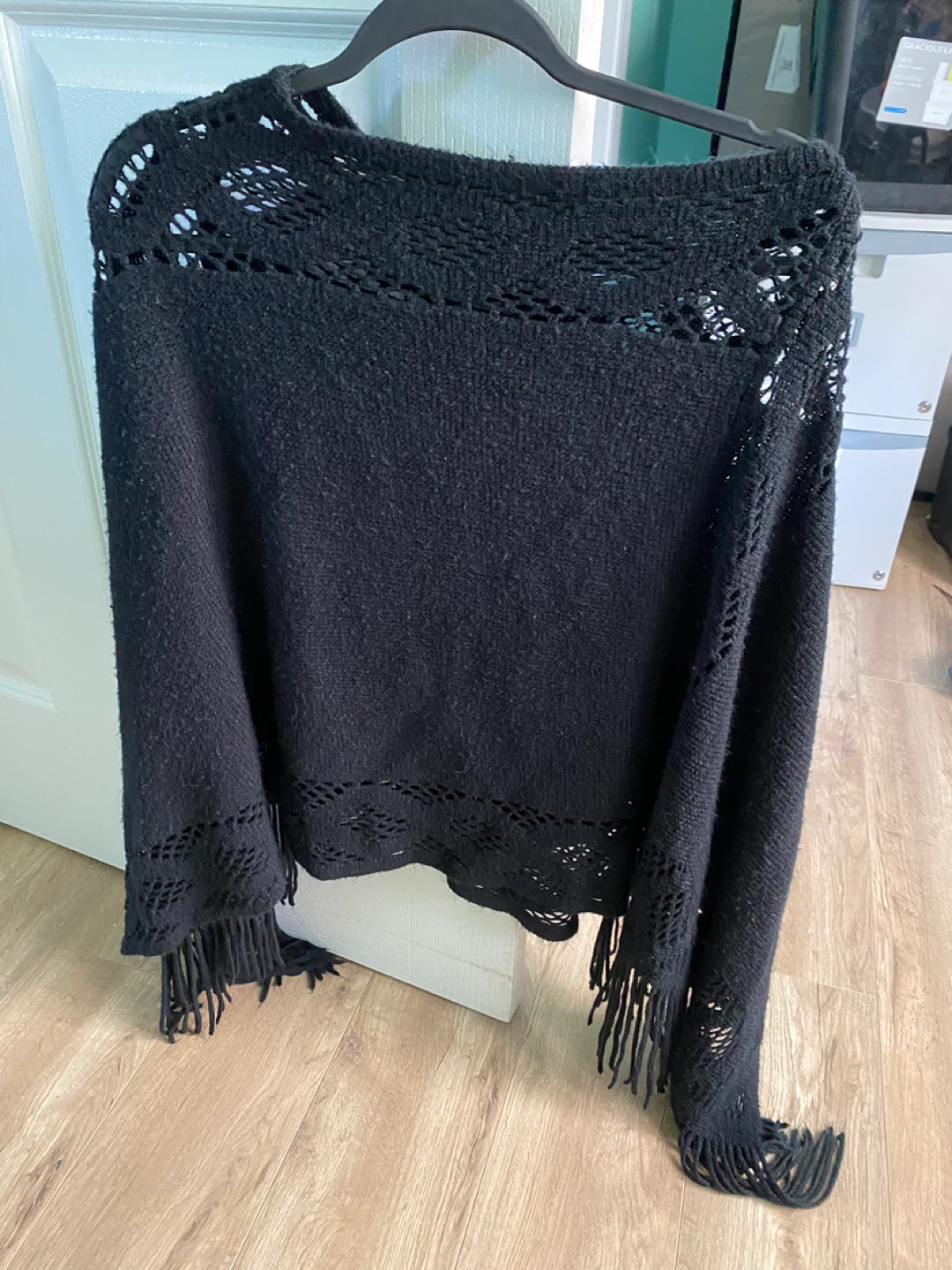 Black Knit Poncho with Fringe